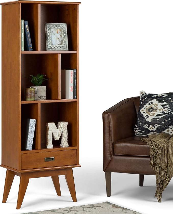 SIMPLIHOME Draper Bookcase - 64 inch Tall Solid Hardwood Storage Bookshelf in Teak Brown, Mid-Century Modern Storage for Living Room, Study Room or Office with Adjustable Shelves and Angled Legs