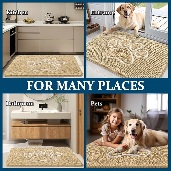 OLANLY Door Mat for Muddy Dog Paws 48x30, Ultra Absorbent Chenille Mud Doormat with Paw Print Design, Non-Slip Washable Doormat for Indoor Entryway, Quick-Dry Pet Bed Mats for Dirty Dogs, Beige