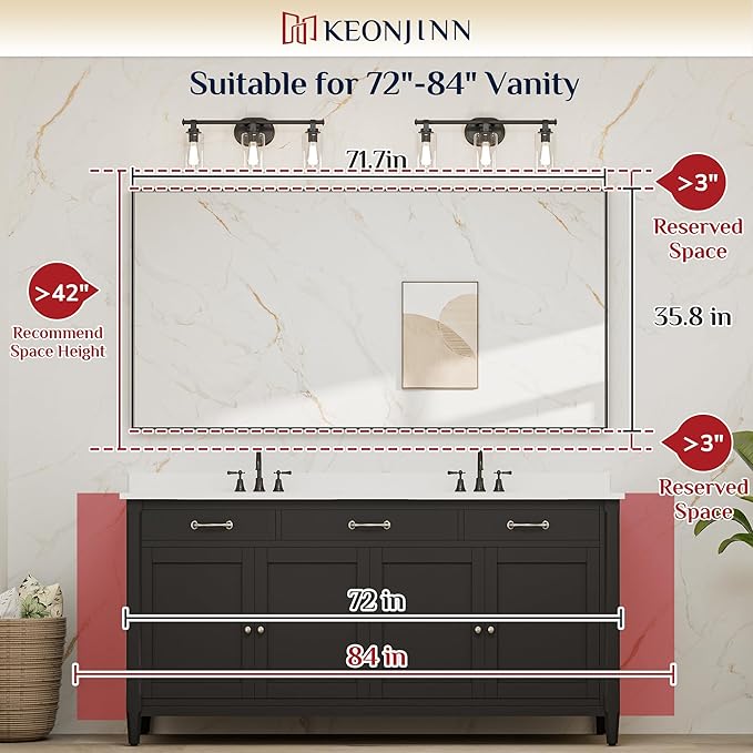 Keonjinn Black Mirror - 72 x 36 Inch, Matte Black Bathroom Mirror with Metal Frame, Suitable for Farmhouse and Modern Decor (Horizontal/Vertical)