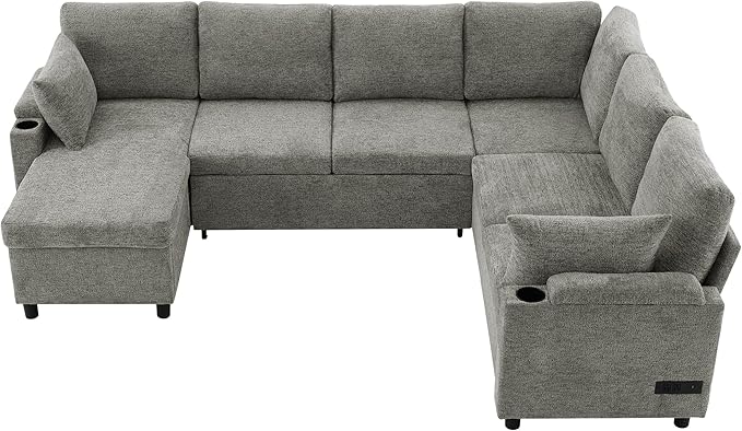 Eafurn Oversized U Shaped Sectional Sleeper Sofabed Pull Out Couch Bed for Living Room 6 Seater Upholstered Convertible Pullout Lounge Sofa Couch w/Storage Chaise, USB Ports for Living Room Apartment