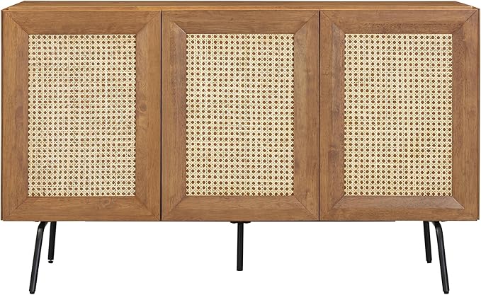 NTC MOSSIC Modern Sideboard with 3 Doors, Natural Rattan Storage Cabinet, Buffet with Metal Legs, Boho Accent Cabinet for Living Room, and Entryway, Effortless Assembly, Teak Look