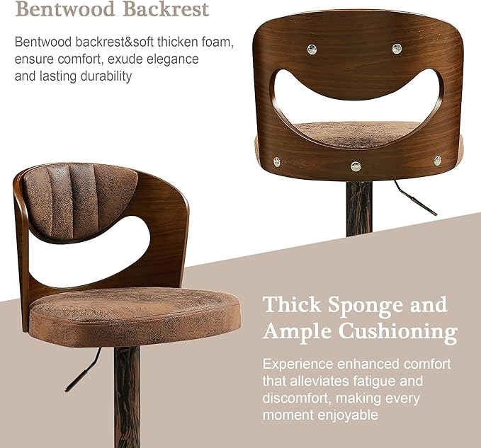 VECELO Bar Stools Set of 2,Kitchen Island Stools with Bentwood Back,Arm&Footrest,Counter Height Stools PU Leather Adjustable Height,Swivel Bar Chairs for Club Pub Dining Room,Dark Brown