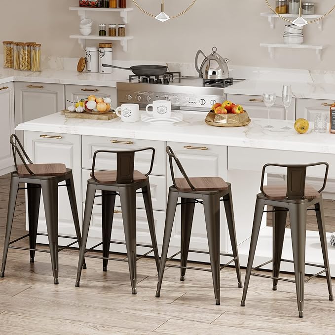 24 Inch Swivel Bar Stools Set of 4 with Backs Counter Height Industrial Metal Barstools Island Bar Chairs for Home Kitchen Dining Room (Swivel 24 inch,Rusty Wooden)