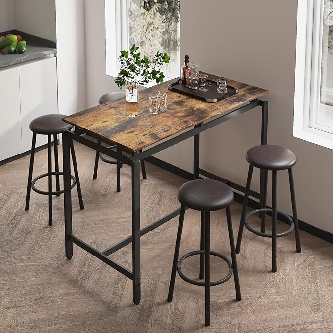 5-Piece Bar Table and Chairs Set, 47.2'' Pub Table Set with 4 Stools, Counter Height Table and Chairs Set of 4 for Breakfast Nook Living Room Small Space Restaurant, Black+Brown