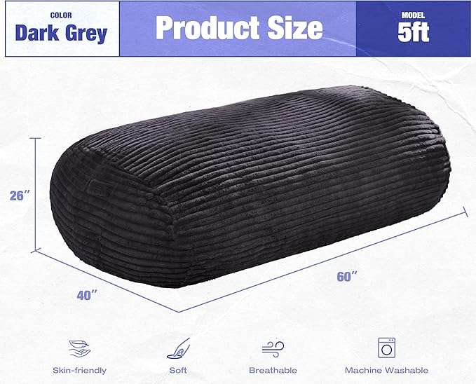 Hobestluk 5FT Bean Bag Chairs Adult Bean Bag with Portable Handle Comfy Large Bean Bag Lounge Chair with Removable Cover for Living Room Bedroom (Stripe Dark Grey, 5FT)