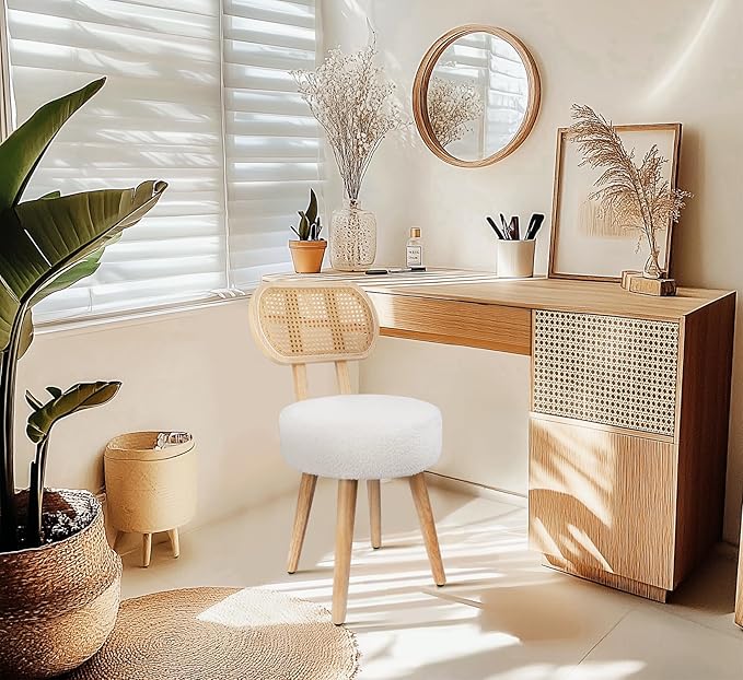 Rattan Dining Chair, Kitchen Dining Room Chairs, Mid Century Modern Boucle Chair, Stylish Upholstered Wood Accent Chair, Cute Sherpa Chair, Living Room Bar Stool Chair, Boho Makeup Vanity Chair, 1 Pc