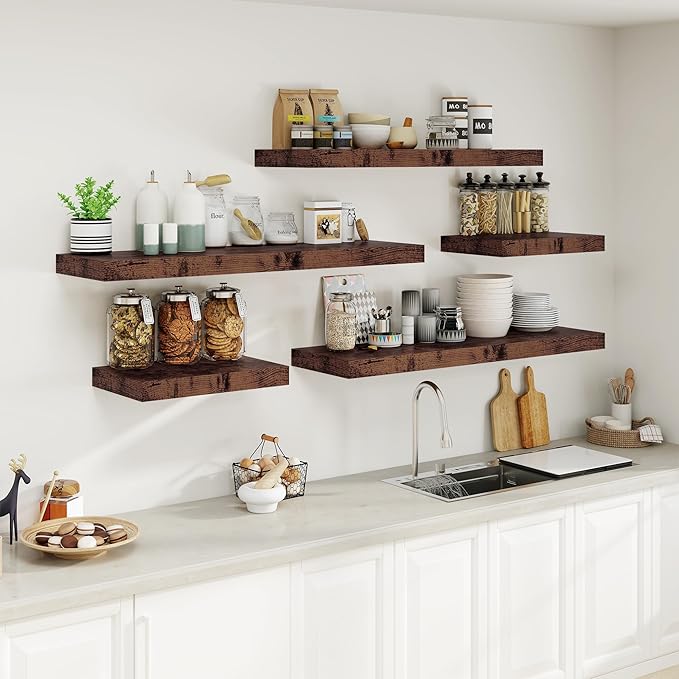 Heimlove Rustic Brown Bathroom Shelves Floating Shelves for Wall Shelf Over Toilet Long Wall Mounted Modern Farmhouse,48 x 12 Shelves with Invisible Brackets for Living Room, Kitchen, Bedroom