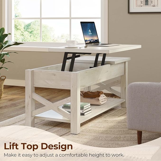 Rolanstar 47.2" Lift Top Coffee Table with Hidden Compartment, 2 Way Lift Top Coffee Table with Open Shelf & X Wooded Support, Farmhouse Center Table for Living Room, Grey