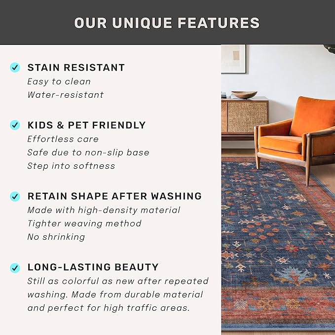 Navy Blue Runner Rug 2x5 for Kitchen, Hallway, Mudroom, Laundry Room, Bathroom, Washable Non Slip Non Skid Rubber Backing Low Pile Stain Resistance