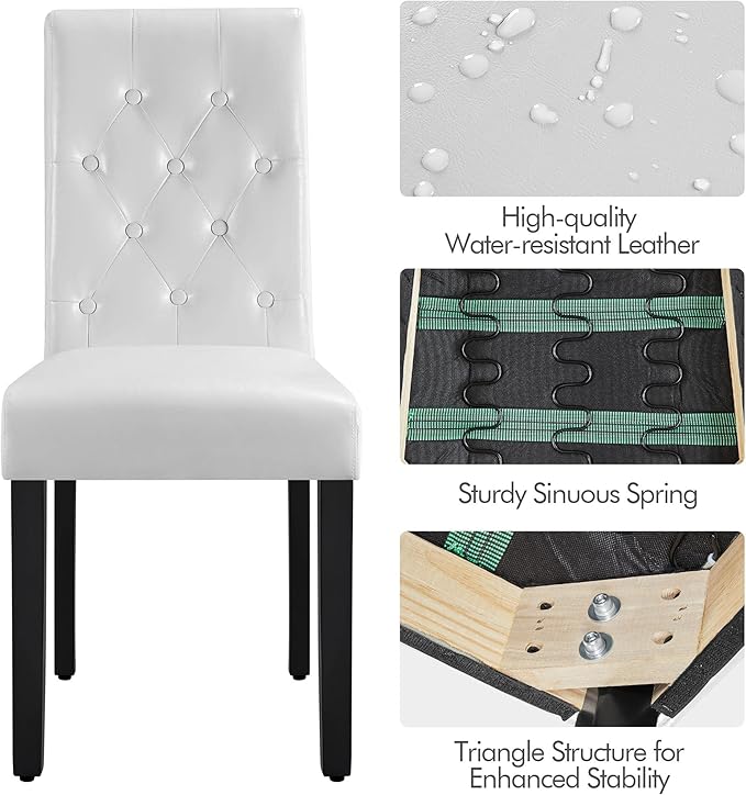 Yaheetech Dining Chairs Set of 4 Modern Style Faux Leather Dining Room Chairs with Solid Wood Legs and Button Tufted Padded for Home Kitchen, White