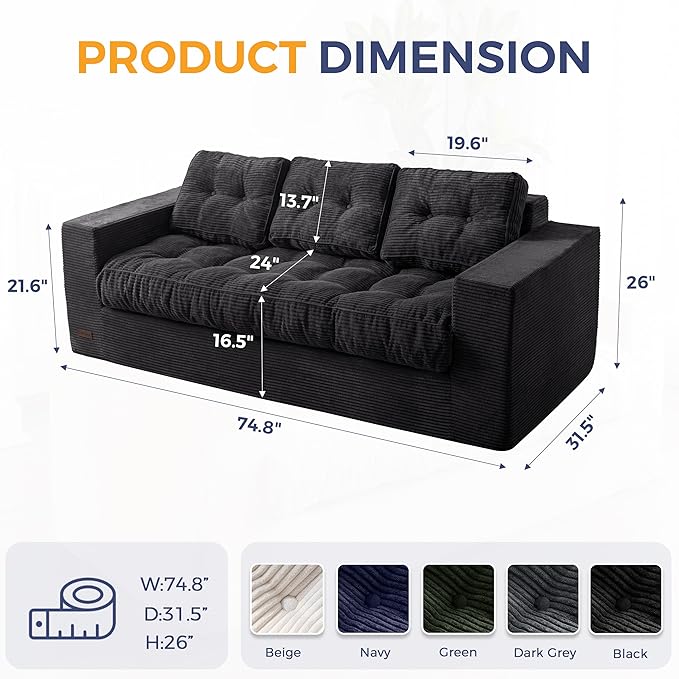MAXYOYO 3 Seater Couch for Living Room, Boneless Couch with Tufted Cushion & Backrest, Upholstered Floor Sofa with Armrests, Sofa in A Box, No Assembly Required, Black