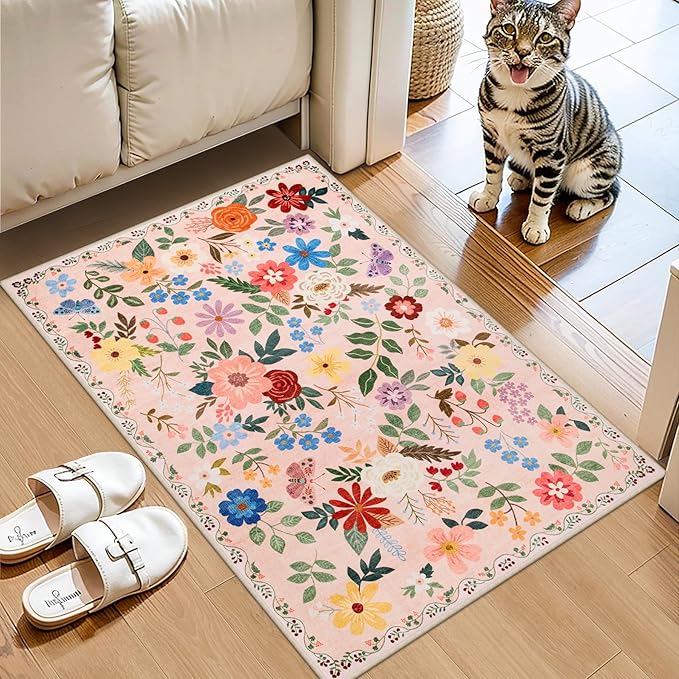 Entryway Rug 2X3 Small Rugs: Floral Washable Door Mat Vintage Soft Low Pile Non-Slip Kitchen Rugs Stain Resistant Indoor Throw Rug for Entrance, Bedroom, Kitchen, Laundry, Bathroom Beige