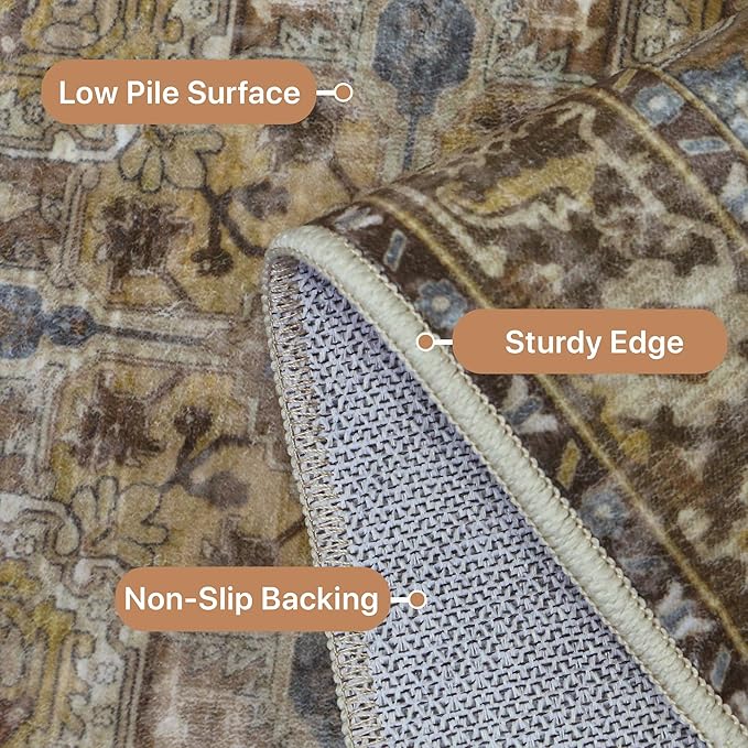 GENIMO 7'6''x9'6'' Area Rugs for Living Room, Machine Washable Non Slip Vintage Rugs, Low Pile Lightweight Chenille Print Rug for Bedroom, Dining Room, Home Office, Rustic Brown