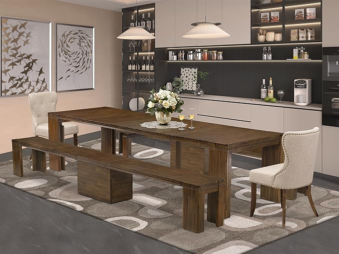 X02SI-208-04 - 5 Pieces Modern Dining Table Set includes an Extendable Rectangle Kitchen Table, 2 Dining Chairs and 2 Modern Benches, 39x120 Inch, Antique Walnut