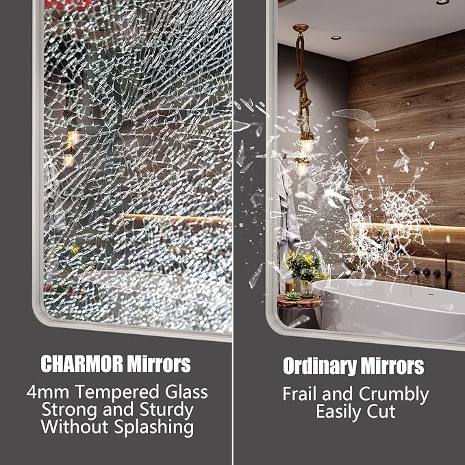 48x32 Silver Bathroom Mirror for Wall, Brushed Metal Framed Bathroom Vanity Mirror, Modern Rectangle Mirror, Rounded Corners, Shatterproof (Horizontal/Vertical)