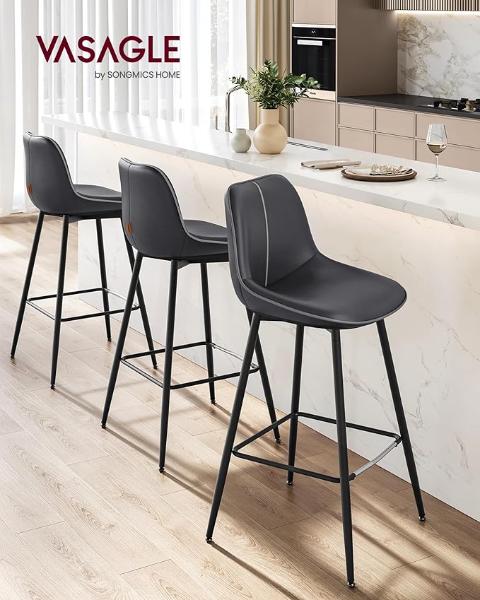 VASAGLE Bar Stools Set of 2, Bar Height Bar Stools with Back, Ergonomic Backrest, Synthetic Leather, Metal Legs, 28.7-Inch Tall Barstools for Kitchen Island Home Bar, Easy Assembly, Ink Black