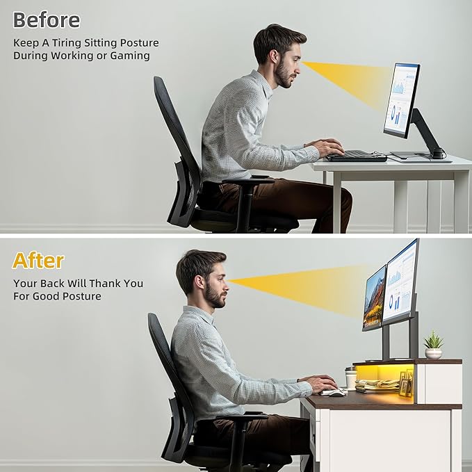 DWVO Farmhouse Office Desk with Drawer & Power Outlets, Wood Computer Desk w/LED Strip & Monitor Stand for Bedchamber Study, Home Office Table with Storage Cabinet for Working Writing Gaming (White)