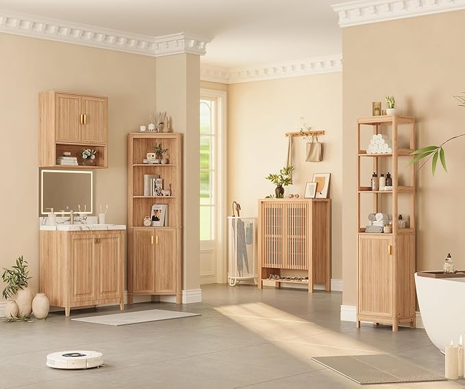 Bathroom Storage Cabinet, Medicine Cabinet with Adjustable Wood Shelf & Doors, Over The Toilet Storage Cabinet for Laundry Room & Kitchen & Living Room (Natural Oak)