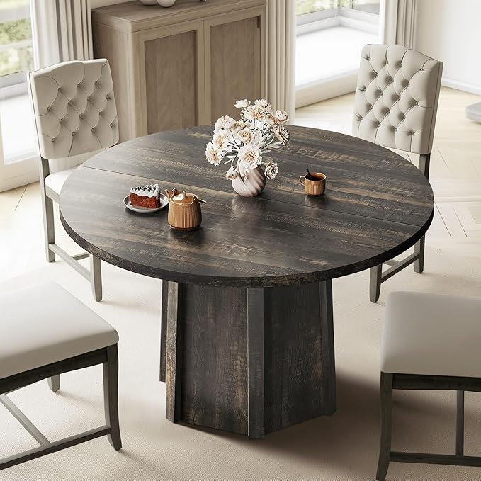 DWVO 47" Round Dining Table for 4-6 People Farmhouse Industrial Dinning Room Table with 1.18" Thickness Wood Grain Tabletop Rustic Circle Dining Table with Hexagonal Base for Eating Dinner Grey