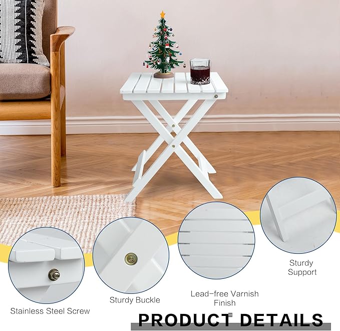 Outdoor Patio Side Table Small Wood End Square Table Folding Coffee Furniture for Living Room, Bedroom, Plant Stand, Camping Portable White