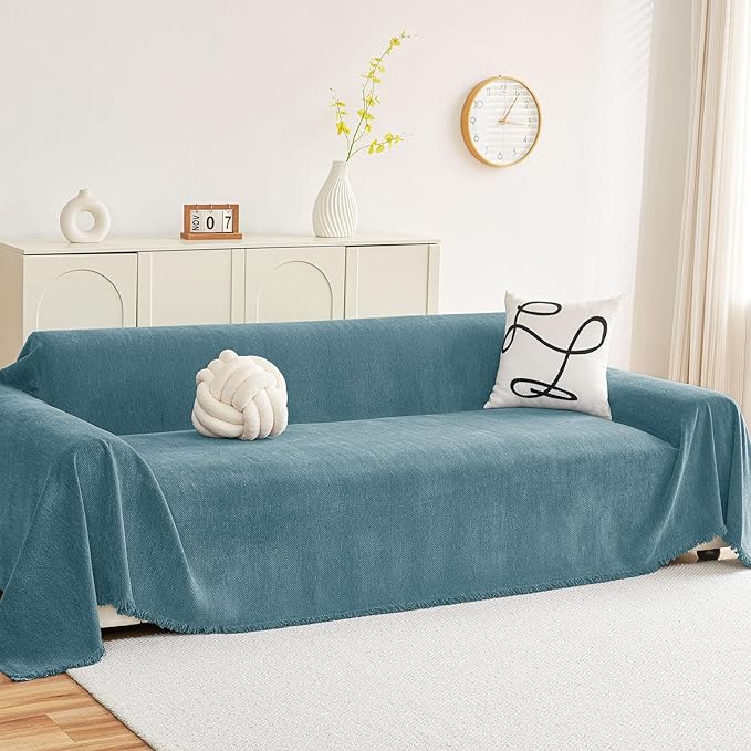 hyha Couch Cover for Dogs, Boho Sofa Covers for 3 Cushion Couch Washable, Chenille Sofa Slipcover for Pets, Soft Loveseat Sectional Couch Throw Blankets with Tassels (Blue, 88.5x150 Inch)