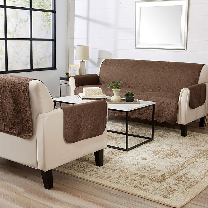 Great Bay Home Medallion Stitched Solid Furniture Protector Stain Resistant Durable Furniture Protector Elenor Collection (Recliner, Chocolate/Taupe)