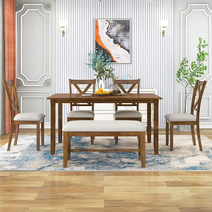 6 Pieces Dining Table Set with 60" Rectangle Kitchen Desk,Living Room Furniture W/ 4 "X-Shaped Curved Backres Fabric Chairs & 1 Bench,for Restaurant,Home Bistro,Natural Cherry