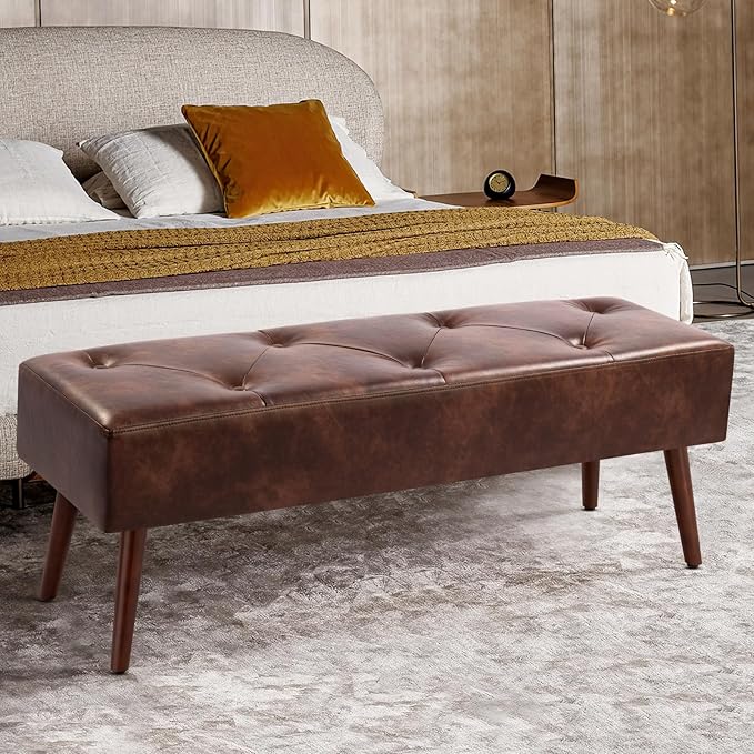 Furniliving 44 Inch Tufted Bench, Leather Footrest Bedroom Bench Seat, Upholstered Leather Indoor Bench Beathable Fabrics Ottoman Bench with X-Shaped Wood Legs for Kitchen, Solid Wood Indoor Bench