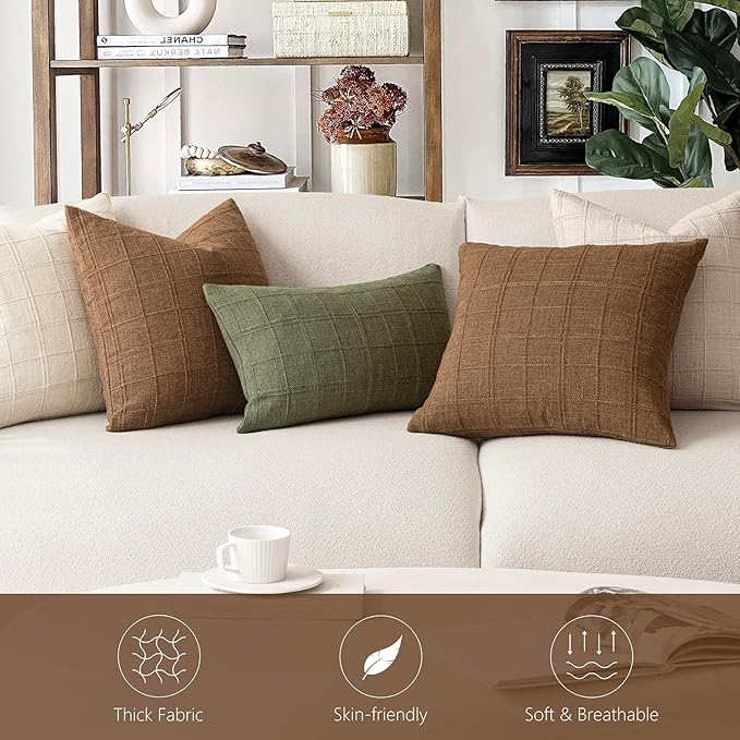 Foindtower Set of 2 Decorative Linen Check Throw Pillow Covers Neutral Farmhouse Vintage Cushion Covers Modern Boho Home Decor for Sofa Chair Couch Bedroom Living Room Outdoor,22×22 Inch,Brown Hazel