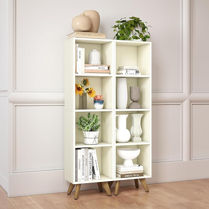 Manora Small Bookcase with 4 Open Shelves, Modern White Bookshelf with Wooden Legs, Narrow Storage Organizer for Living Room, Bedroom, Office