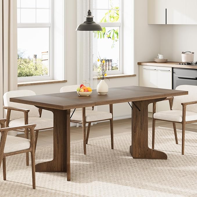 71" Large Dining Table for 6, Farmhouse Kitchen Table with Padded Top and Unique V-Shaped Feet, Rectangular Wooden Dining Table for 8 People for Home, Dining Room, Kitchen, Office, Walnut