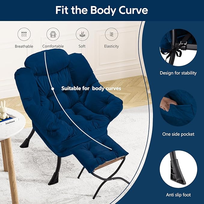 Lazy Chair with Folding Ottoman Modern Large Accent Chair,Contemporary Lounge Leisure Sofa Chair with Armrests Upholstered Sofa Armchair Reading Chair for Bedroom,Dorm & Office(Navy-f)