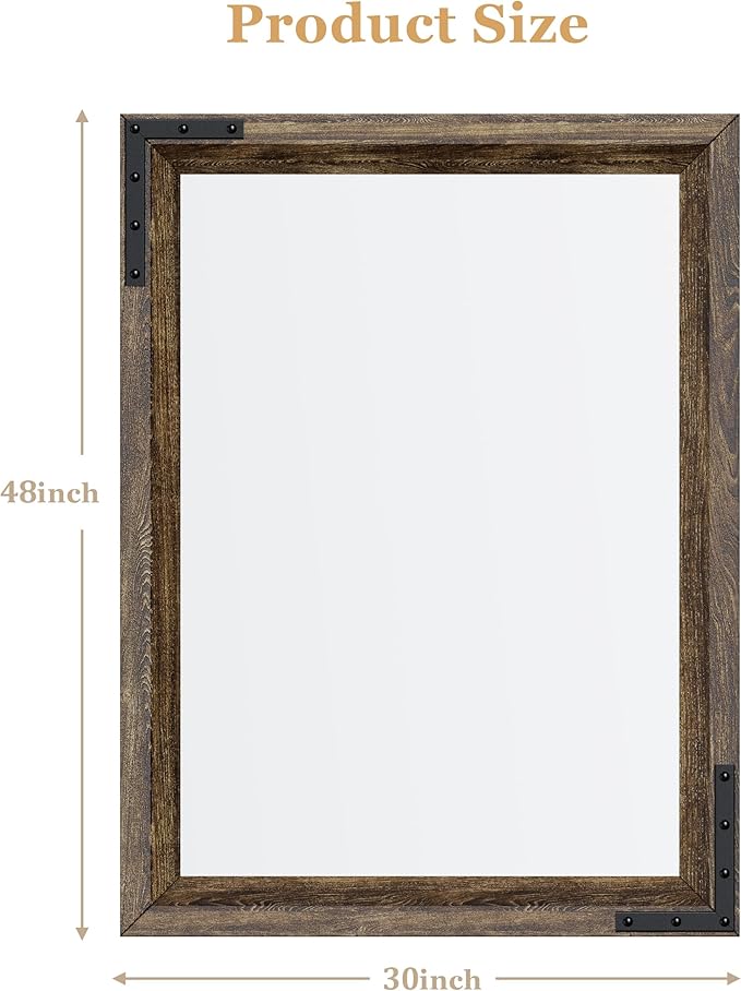 YOSHOOT Farmhouse Bathroom Mirror, Rustic Wooden Framed Mirror, Wood Vanity Mirror, Solid Wood & Handmade, Vertical or Horizontal Hanging for Bathroom Entryway Living Room Bedroom, 48" x 30", Brown