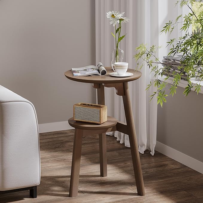 ChooChoo Round End Table for Small Spaces, Narrow Side Table, Accent Table Night Stand with 2 Tier Shelf for Bedroom and Living Room, Walnut