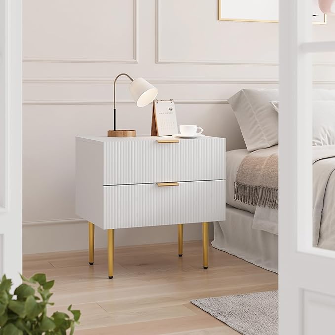 Set of 2 Nightstand, White Mid Century Modern Night Stand with Fluted Panel, Bedside Table with 2 Drawer, Large NightStand with Gold Leg for Bedroom