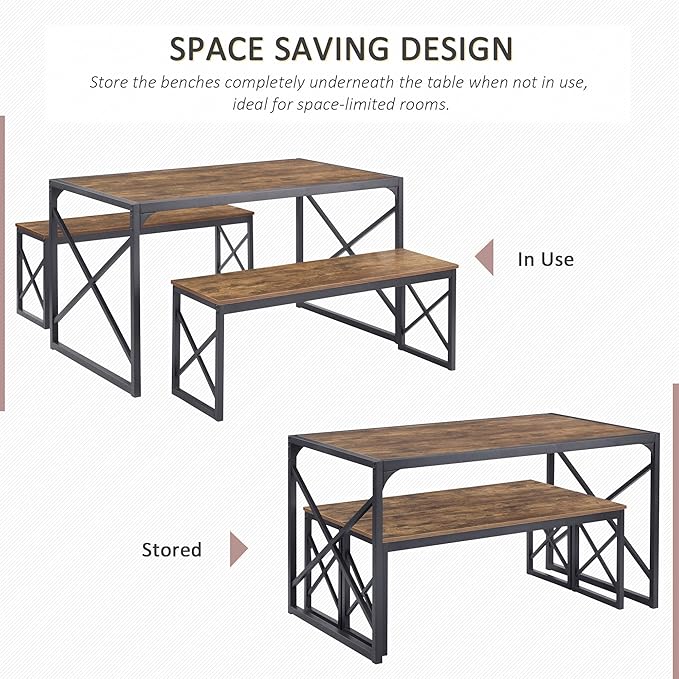 VECELO Kitchen Dining Table Set for 4 to 6, 55" Wood Dinette 2 Benches with Metal Frame for Dinner Breakfast Nook and Small Space, Brown