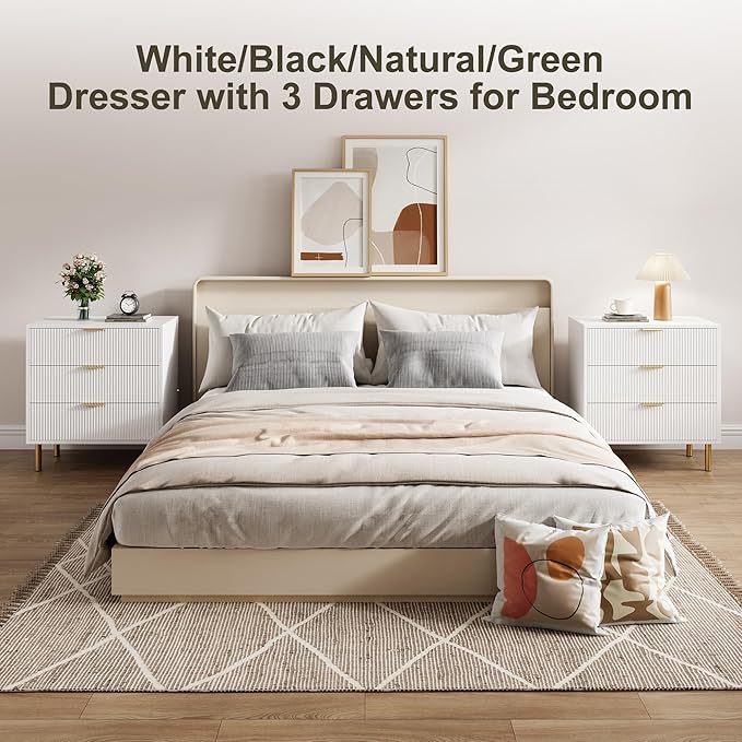 White Dresser, Modern 3 Drawer Dresser for Bedroom with Gold Handle and Large Drawer, Wood Double Chest of Drawers and Storage Organizer for Living Room, Hallway, Entryway