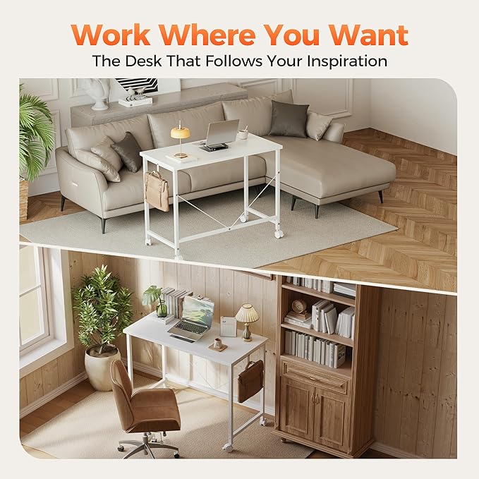 Rolling Computer Desk with Wheels, Gaming Desk for Small Spaces, Modern Simple Style Table for Home Office, Study Writing Table (Caster, Oak, 32 inch)