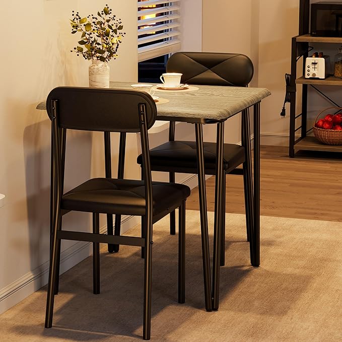 IDEALHOUSE Dining Table Set for 4, Kitchen Table with Upholstered Chairs for Kitchen Room and Small Spaces (Grey, Table with 2 Upholstered Chairs)