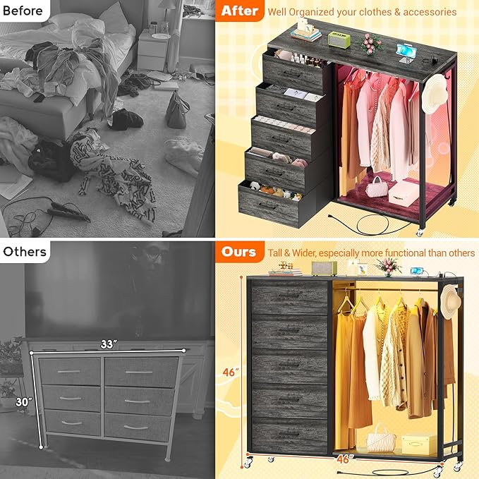 Cyclysio Dresser for Bedroom with Clothes Rack, 5 Fabric Drawers Dresser with Charging Station & LED Lights, Tall Storage Chest of Drawers with Wheels, Wooden Top, Lockable Wheels, Closet, Grey
