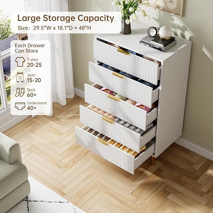 GarveeHome White Dresser, Modern 5 Drawer Dresser for Bedroom with Gold Handle and Large Drawer, Wood Double Chest of Drawers and Storage Organizer for Living Room, Hallway, Entryway