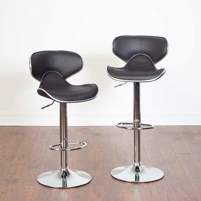 Roundhill Furniture Masaccio Cushioned Leatherette Upholstery Airlift Adjustable Swivel Barstool with Chrome Base, Set of 2, Brown