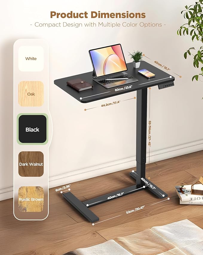 Electric Adjustable Height Standing Desk - Small Sit Stand Portable Rolling Laptop Table with Hidden Wheels, Small Computer Workstation for Bedside & Home Office Use (24"x16", Black)