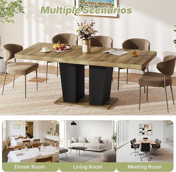 63"-78.7" Expandable Dining Table, 6-10 Rectangle Table, Extendable Console Table, Wooden Farmhouse Kitchen Table with Metal Track & Dual Column Base for Living, Office-Beige Brown