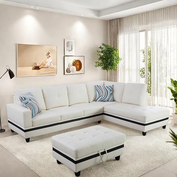 Sectional Couch with Ottoman Storage, L Shaped Sofa Furniture Sets, Modern Modular Couch Comfy Sofa for Living Room Bedroom, White