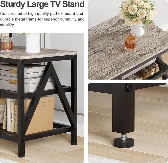 TV Stand for TVs up to 65 Inch, 55" Long Industrial TV Console Table with 3-Tier Storage Shelves, Entertainment Center for Living Room, Bedroom (Gray)