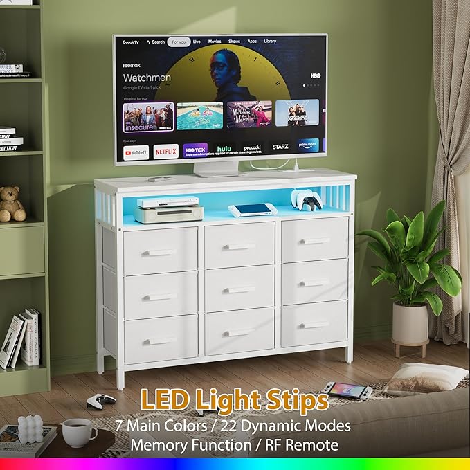 9 Drawer Dresser TV Stand with LED Lights & Power Outlets, Entertainment Center with Open Shelf, Media Console for 50” TV, Large Storage Dresser for Bedroom (White)