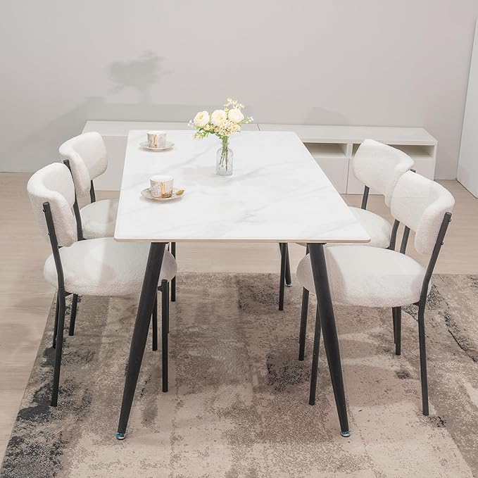 AWQM Dining Chairs Set of 2, Mid-Century Modern Kitchen Dining Room Chairs, Boucle Dining Chairs with Black Metal Legs for Kitchen, Living Room, White