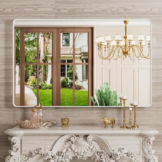 White Bathroom Mirror 48x30 Inch, White Metal Framed Bathroom Mirror for Wall, Rounded Rectangle Matte Bathroom Vanity Mirror, Tempered Glass, Anti-Rust, Horizontal/Vertical