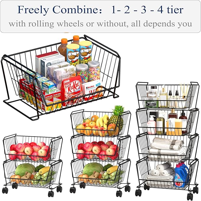 PUSDON 4-Tier Stackable Metal Storage Baskets, Anti-Rust Fruit Vegetable Rack, Dual Use Shelf for Kitchen, Home & Office, Black